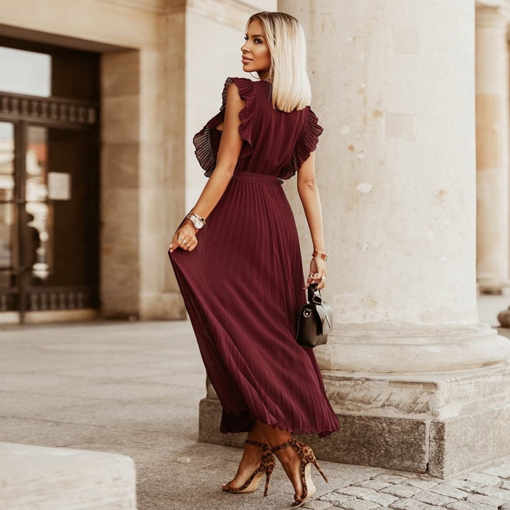 Elaine™ | Dark Red Bohemian Party Dress with V-Neckline